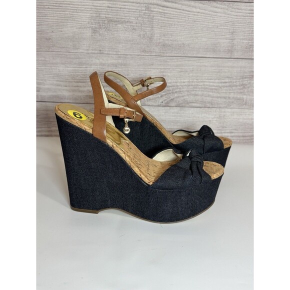 Michael Kors Denim Cork Wedge Sandals Size 9  Ankle Strap Espadrille Heels - Picture 3 of 13